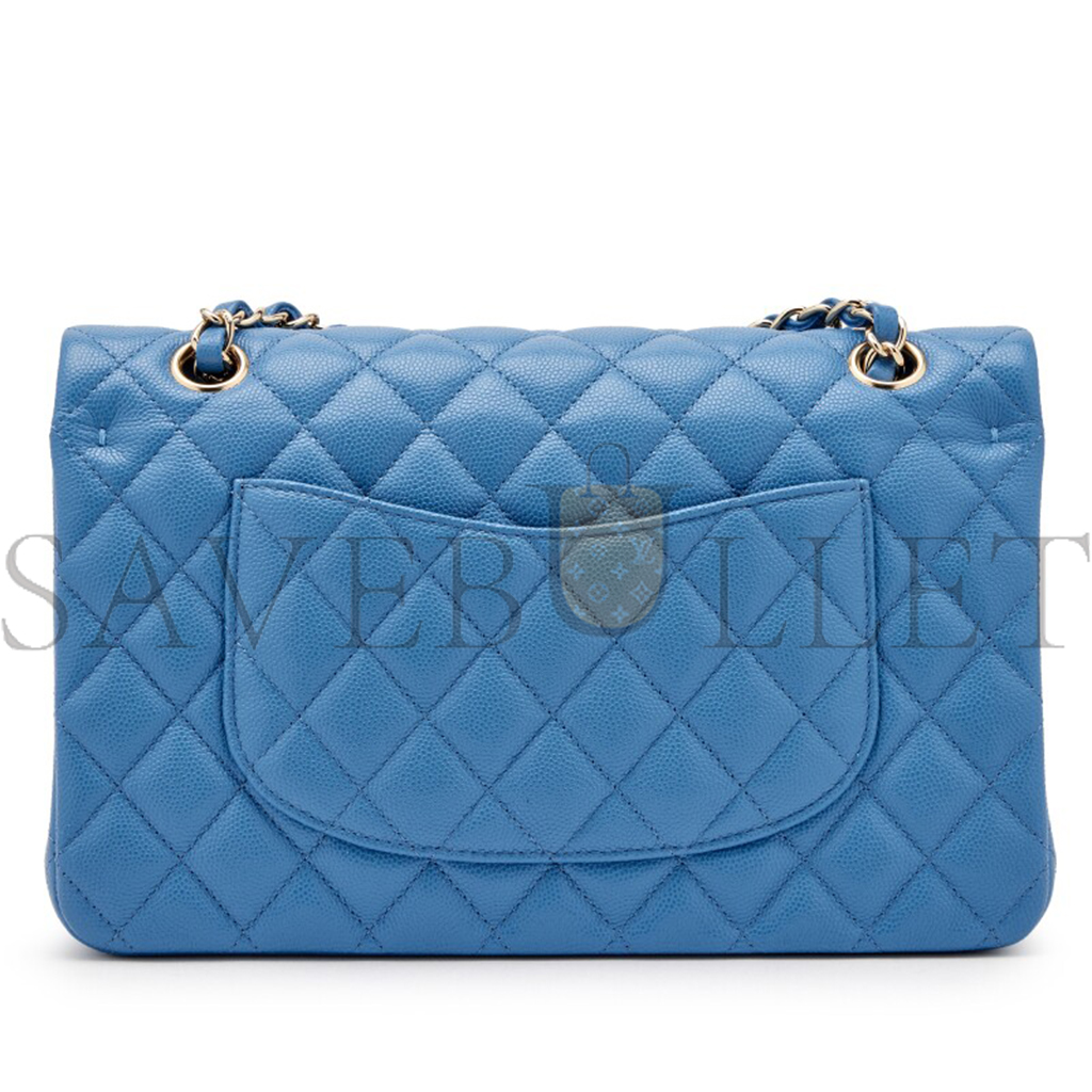 CHANEL BLUE QUILTED CAVIAR MEDIUM CLASSIC DOUBLE FLAP LIGHT GOLD HARDWARE AS1112 (25*15*6cm)